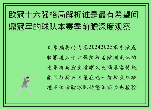 欧冠十六强格局解析谁是最有希望问鼎冠军的球队本赛季前瞻深度观察 欧冠十六强格局解析谁是最有希望问鼎冠军的球队本赛季前瞻深度观察